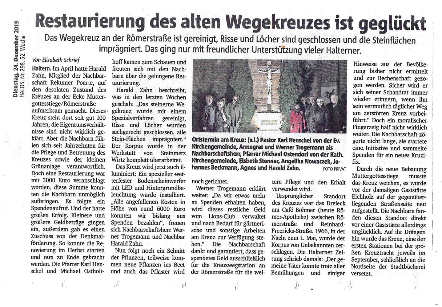 Bild: Sanierung Wegekreuz in Haltern am See durch Naturstein Biermann. Zeitungsartikel