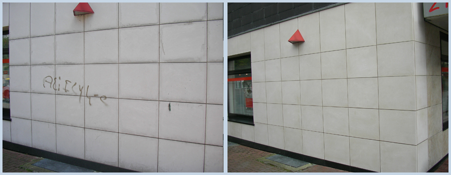 Bild: Graffiti an einer Fassade entfernen durch Naturstein Biermann vorher und nachher