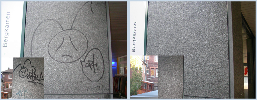 Bild: Graffitientfernung an Fassaden aus Naturstein vorher/nachher