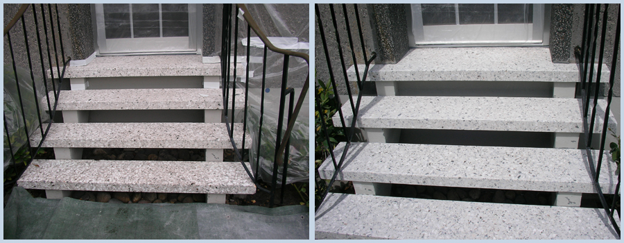 Bild: Terrazzo Stufen aufarbeiten durch abschleifen von Naturstein Biermann vorher und nachher