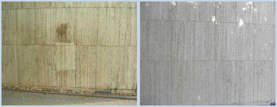 Bild: Fassade aus Travertin gereinigt durch Naturstein Biermann vorher und nachher