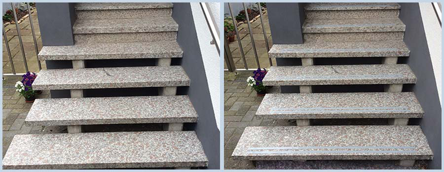 Bild: Granit Außentreppe Anti-Rutsch-Streifen aufgebracht um die Trittsicherheit zu verbessern vorher und nachher