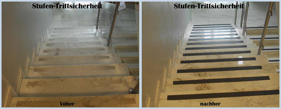 Bild: Anti-Rutsch-Streifen auf Treppenstufen aufgebracht um die Trittsicherheit zu verbessern vorher und nachher