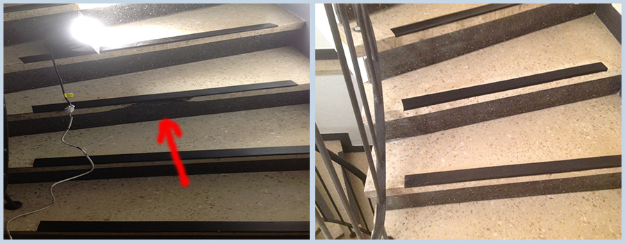 Bild: Terrazzo Stufenvorderkante kosmetisch ausbessern und reparieren durch Naturstein Biermann vorher und nachher