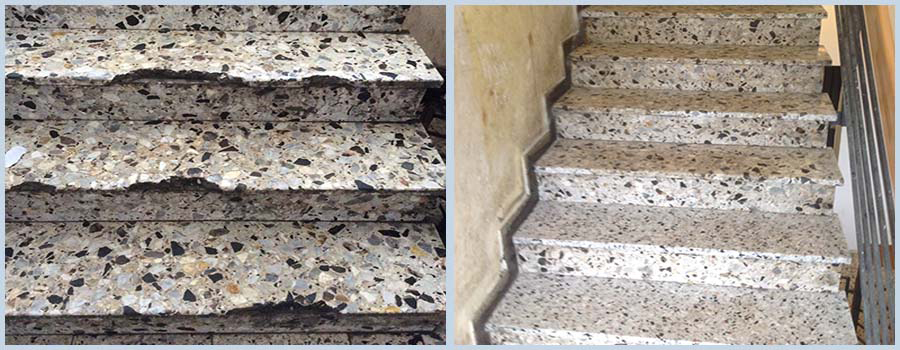 Bild: Treppenstufen aus Terrazzo kosmetisch ausbessern und reparieren durch Naturstein Biermann vorher und nachher