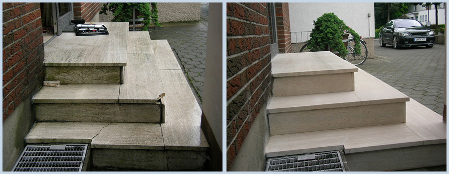 Bild: Tavertin Außentreppe vor und nach der Sanierung durch Naturstein Biermann