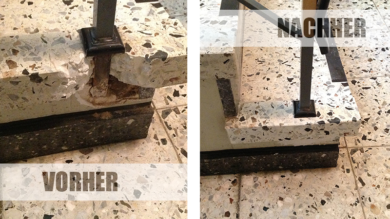 Bild: kosmetische Reparatur/Ausbesserung von Terrazzo, Marmor, Granit. Abgebrochene Stufenecke instandsetzen