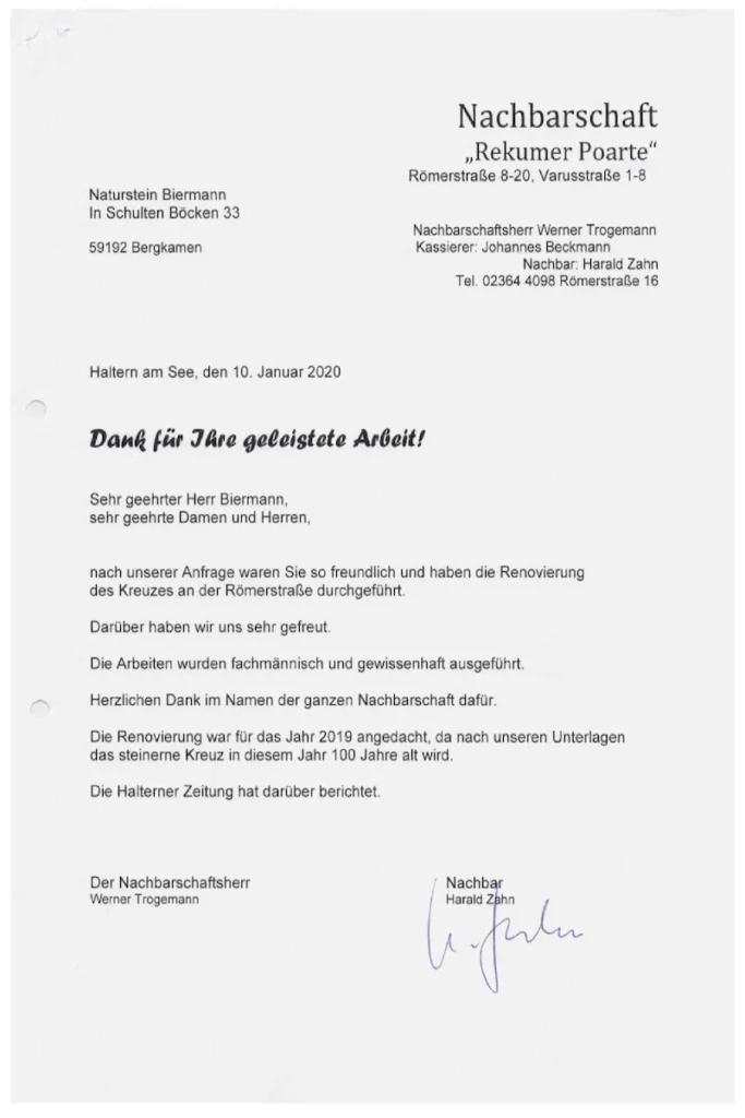Steinkreuz Aufarbeitung Nachbarschaft Rekumer Poarte Haltern Referenz Naturstein Biermann 10-2019