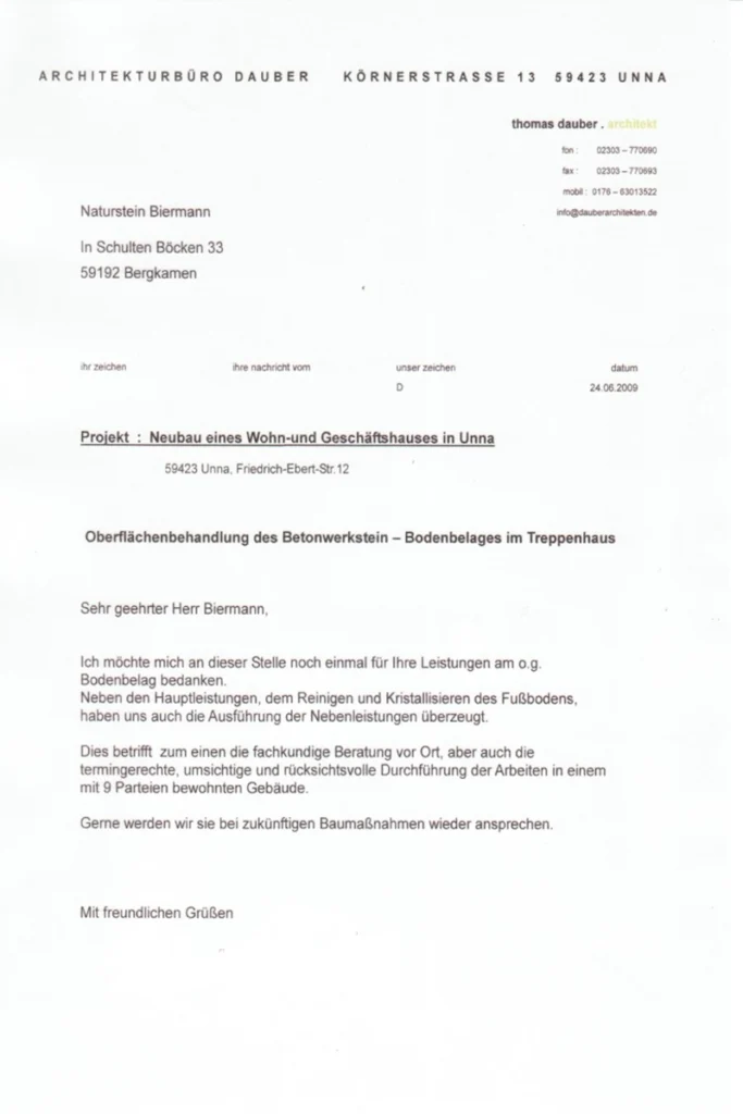 Oberflächenbehandlung Betonwerkstein Treppenhaus Unna Referenz Naturstein Biermann 06-2009