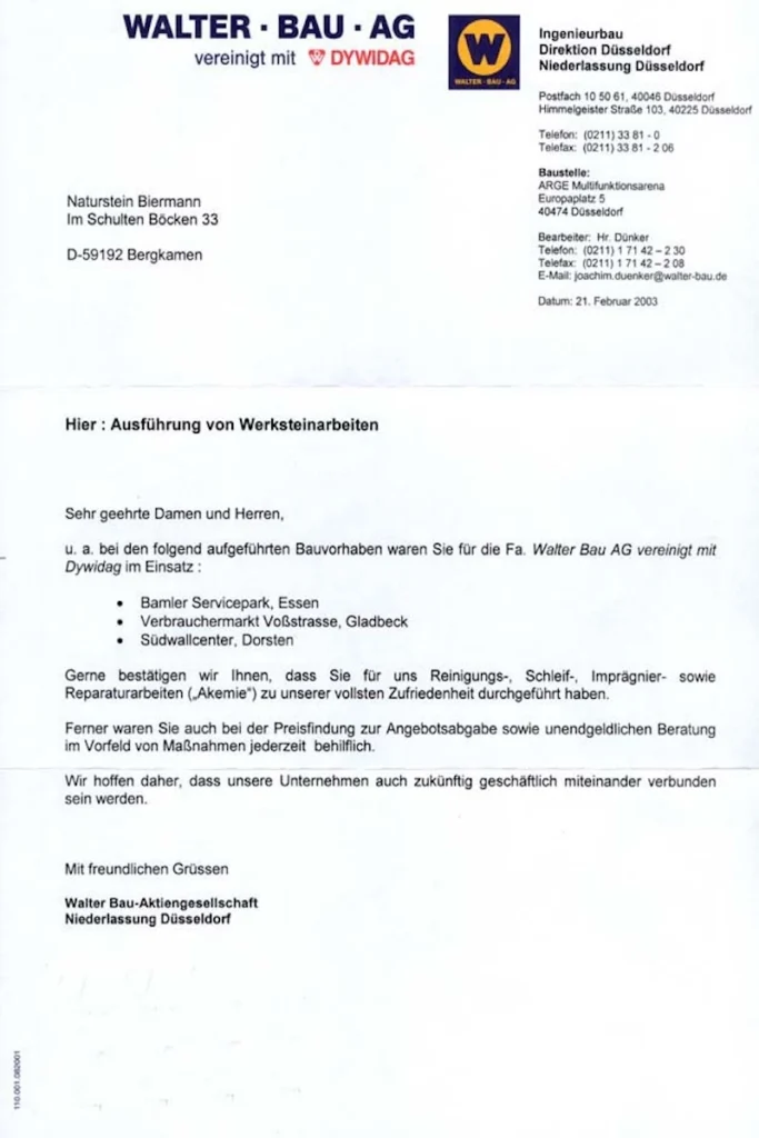Reinigung, Schleif-, Imprägnierungs-, Reparaturarbeiten Essen Gladbeck Dorsten Referenz Naturstein Biermann 02-2003